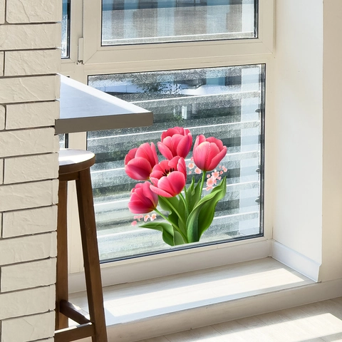 Rosa Tulpe Blume Wandaufkleber Abnehmbar PVC Selbstklebend Fenster Glas Aufkleber Für Wohnzimmer Schlafzimmer Home Dekor