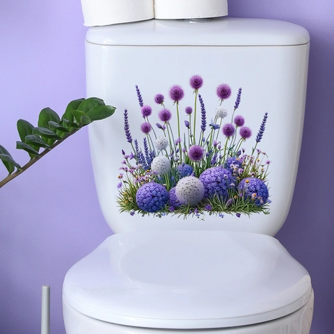 Lila Blumen Lavendel Zierlauch Toilettenaufkleber Wasserdicht PVC Selbstklebend Abnehmbar Wandtattoo Für Badezimmer Heimdeko