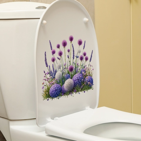 Lila Blumen Lavendel Zierlauch Toilettenaufkleber Wasserdicht PVC Selbstklebend Abnehmbar Wandtattoo Für Badezimmer Heimdeko