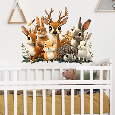 Cartoon Forest Animal Wall Stickers PVC Watercolor Deer Rabbit Squirrel Removable Self Adhesive Decals For Kids Nursery Room Decor