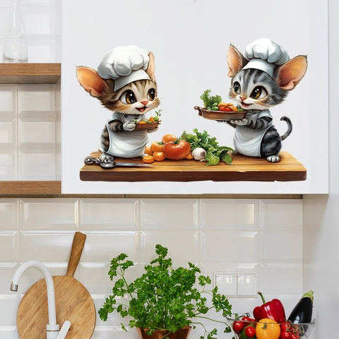 Cartoon Katze Koch Küche Wandtattoo Wasserdicht PVC Selbstklebend Abnehmbar Dekorative Aufkleber Für Restaurant Deko
