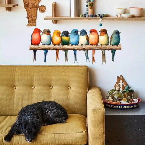 Kleurrijke Cartoon Vogels Op Tak Muursticker Verwijderbare PVC Zelfklevende Muursticker Voor Woonkamer Slaapkamer Decoratie