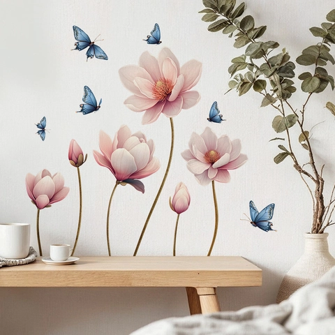 Roze Magnoliabloem Vlinder Muursticker PVC Zelfklevend Verwijderbaar Decor Voor Woonkamer Slaapkamer Huis