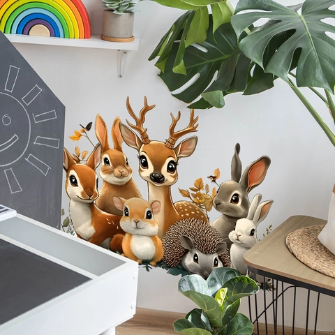 Cartoon Forest Animal Wall Stickers PVC Watercolor Deer Rabbit Squirrel Removable Self Adhesive Decals For Kids Nursery Room Decor