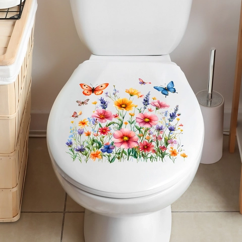 Adesivo per Gabinetto con Fiori e Farfalle Acquerello PVC Autoadesivo Removibile Adesivo Murale per Bagno Casa Decorazione