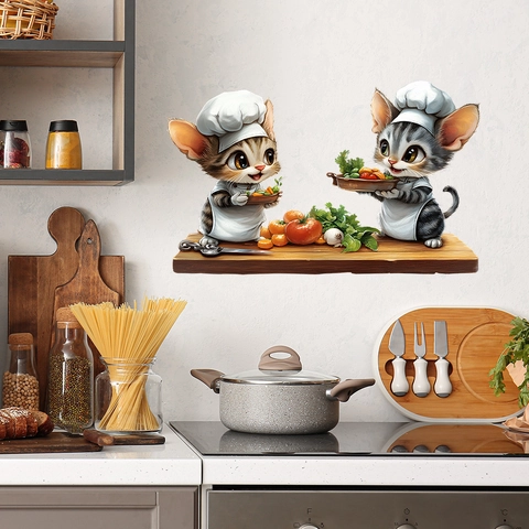 Cartoon Katze Koch Küche Wandtattoo Wasserdicht PVC Selbstklebend Abnehmbar Dekorative Aufkleber Für Restaurant Deko