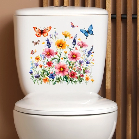 Adesivo per Gabinetto con Fiori e Farfalle Acquerello PVC Autoadesivo Removibile Adesivo Murale per Bagno Casa Decorazione