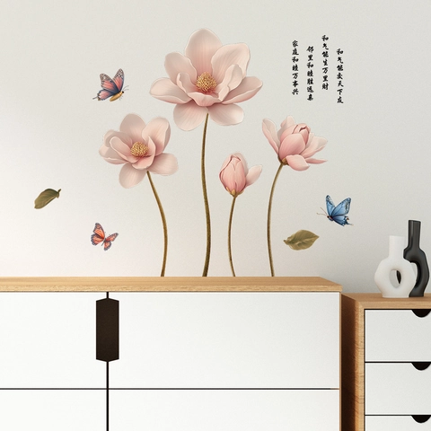 Roze Magnoliabloem Vlinder Muursticker PVC Zelfklevend Verwijderbaar Decor Voor Woonkamer Slaapkamer Huis