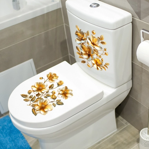 Pegatina de Tapa de Inodoro de Flor Dorada en 3D PVC Impermeable Calcomanía de Pared Floral Metálica para Decoración de Baño