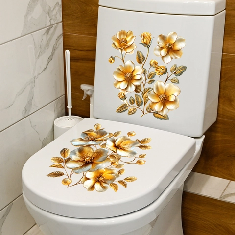 Pegatina de Tapa de Inodoro de Flor Dorada en 3D PVC Impermeable Calcomanía de Pared Floral Metálica para Decoración de Baño