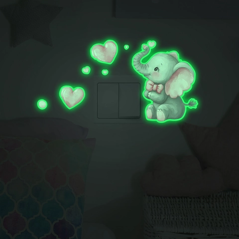 Pegatinas de Pared para Interruptor Elefante Dibujos Animados Luminoso PVC Fluorescente Animales Corazón Calcomanía para Dormitorio Casa