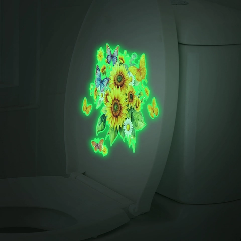 Pegatina de Inodoro Girasol Mariposa Luminosa Brilla En La Oscuridad Impermeable PVC Autoadhesiva Baño Decoración Casa