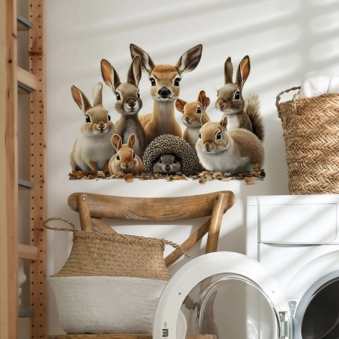 Pegatinas de Pared de Animales del Bosque de Dibujos Animados Conejo Ciervo Ardilla PVC Autoadhesivo para Dormitorio Infantil