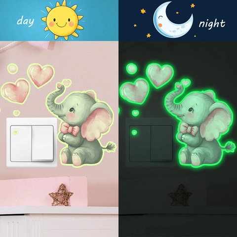 Pegatinas de Pared para Interruptor Elefante Dibujos Animados Luminoso PVC Fluorescente Animales Corazón Calcomanía para Dormitorio Casa