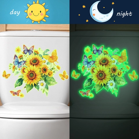 Pegatina de Inodoro Girasol Mariposa Luminosa Brilla En La Oscuridad Impermeable PVC Autoadhesiva Baño Decoración Casa