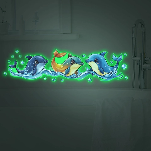 Stickers Muraux Dauphin Dessin Animé Lumineux Dans Le Noir PVC Imperméable Autocollants Décoratifs pour Salle de Bain Maison