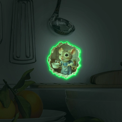 3D Leuchtende Mauseloch Wandtattoo Karikatur Kochende Maus Luminous PVC Aufkleber Für Küche Wohnzimmer Home Dekoration