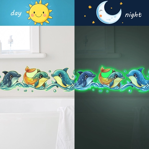 Stickers Muraux Dauphin Dessin Animé Lumineux Dans Le Noir PVC Imperméable Autocollants Décoratifs pour Salle de Bain Maison