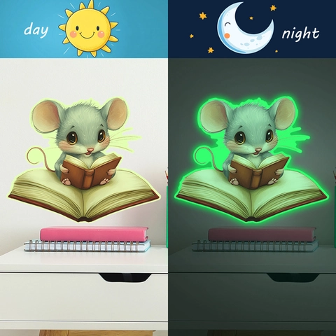 Leuchtend Im Dunkeln Cartoon Lesende Maus Wandsticker PVC Fluoreszierend Abnehmbar Wandbild Für Kinderzimmer Arbeitszimmer Deko