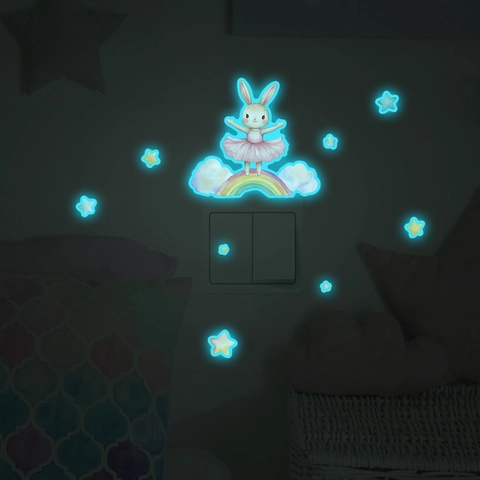 Glow In The Dark Ballet Rabbit Rainbow Wall Stickers Cartoon Fluorescent Stars Clouds Switch Decals For Kids Room Decor