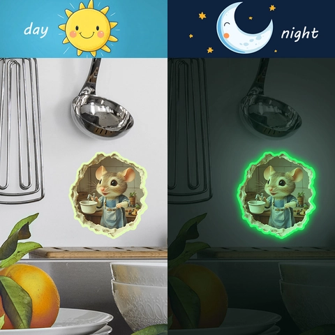 3D Leuchtende Mauseloch Wandtattoo Karikatur Kochende Maus Luminous PVC Aufkleber Für Küche Wohnzimmer Home Dekoration