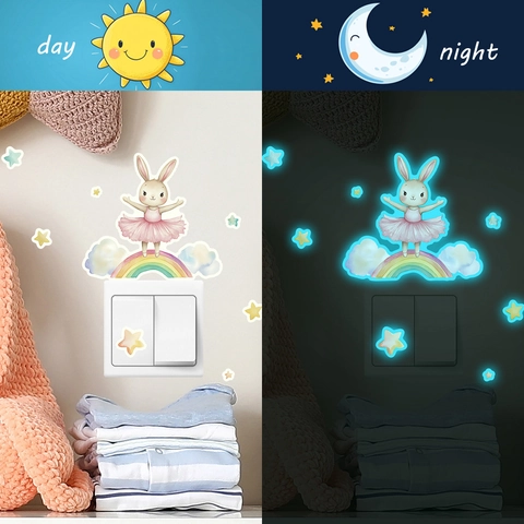 Glow In The Dark Ballet Rabbit Rainbow Wall Stickers Cartoon Fluorescent Stars Clouds Switch Decals For Kids Room Decor