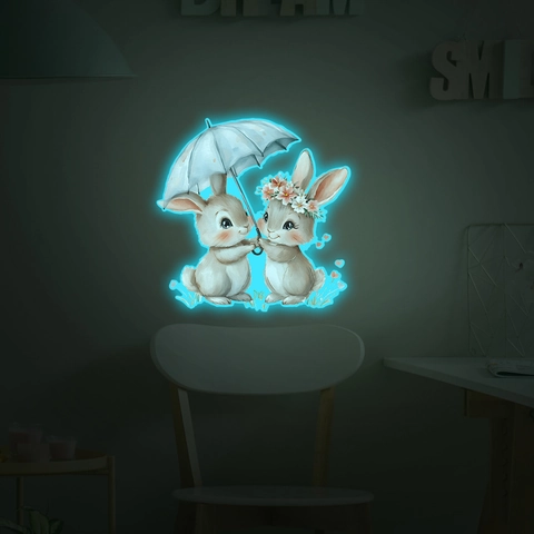 Adesivi Murali Luminosi Coniglio Cartone Animato Sotto Ombrello Fluorescenti al Buio in PVC per Cameretta Bambini Letto