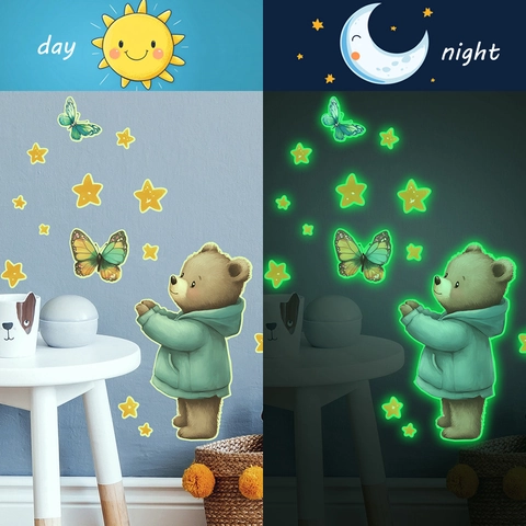 Adesivi Murali Orso Cartone Animato e Farfalla Fluorescenti Stelle in PVC Luminose per Camera dei Bambini Decorazione Casa