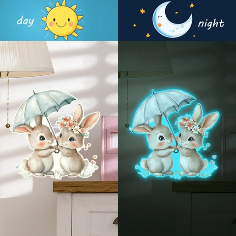 Adesivi Murali Luminosi Coniglio Cartone Animato Sotto Ombrello Fluorescenti al Buio in PVC per Cameretta Bambini Letto