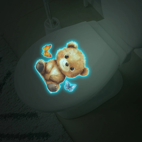 Cartoon Bär Schmetterling Leuchtet Im Dunkeln Toilettenaufkleber Fluoreszierend Wasserdicht PVC Wandtattoo Für Kinderzimmer Bad