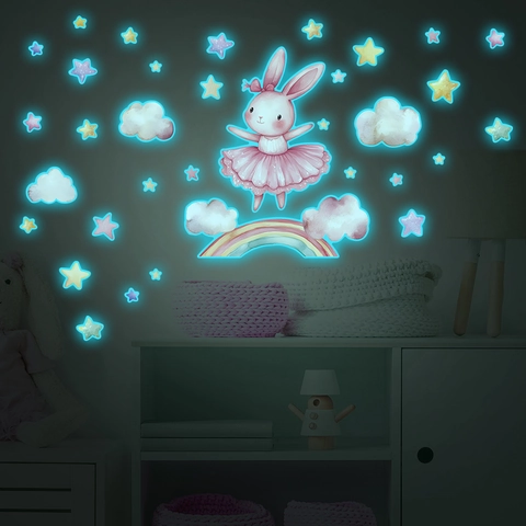 Leuchtende Ballett-Hase Wandaufkleber Regenbogen Sterne Wolken Selbstklebend Wandtattoo Für Kinderzimmer Babyzimmer PVC Dekoration