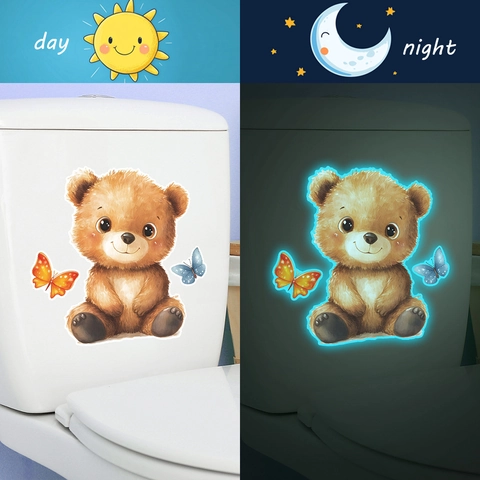 Cartoon Bär Schmetterling Leuchtet Im Dunkeln Toilettenaufkleber Fluoreszierend Wasserdicht PVC Wandtattoo Für Kinderzimmer Bad