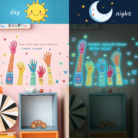 Leuchtender Wandaufkleber Leuchten Im Dunkeln Handabdruck Herz Inspirierende Zitate PVC Selbstklebend Schlafzimmer Wanddeko