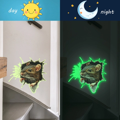 3D Luminous Mouse Hole Wall Sticker Creative Glow In The Dark Mouse Animal Decal For Kitchen Bedroom Home Decor Wall Sticker