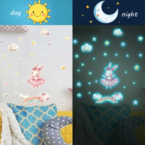 Leuchtende Ballett-Hase Wandaufkleber Regenbogen Sterne Wolken Selbstklebend Wandtattoo Für Kinderzimmer Babyzimmer PVC Dekoration