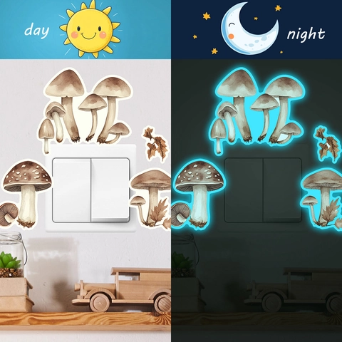 Watercolor Mushroom Glow In The Dark Wall Stickers Forest Botanical Mushroom Night Glow PVC Switch Decoration Wall Decals