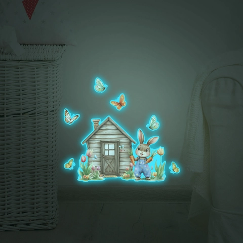 Adesivi Murali Luminosi Con Coniglio dei Cartoni Animati e Casetta di Legno Fluorescenti Bagliore al Buio Decalcomanie in PVC per Cameretta Letto Casa