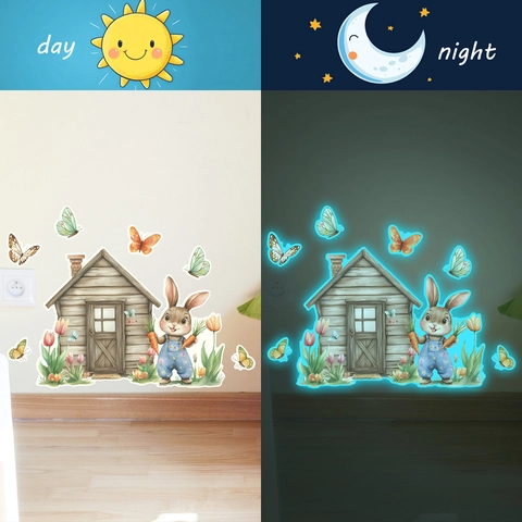 Adesivi Murali Luminosi Con Coniglio dei Cartoni Animati e Casetta di Legno Fluorescenti Bagliore al Buio Decalcomanie in PVC per Cameretta Letto Casa