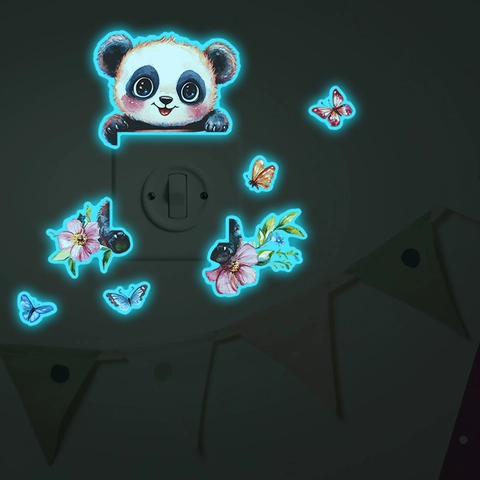 Leuchtender Panda Schmetterling Blume Schalter Wandaufkleber Glow In Dark PVC Selbstklebend Cartoon Aquarell Deko Wandbild