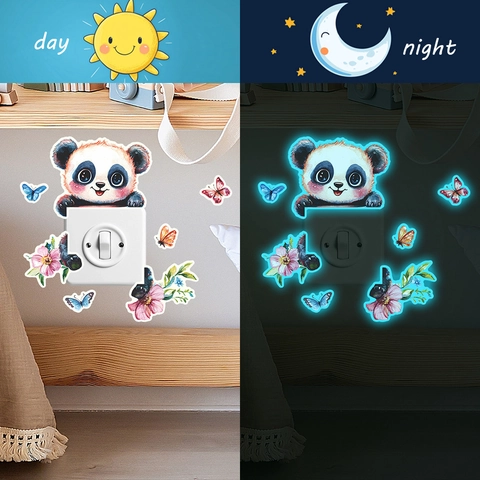 Leuchtender Panda Schmetterling Blume Schalter Wandaufkleber Glow In Dark PVC Selbstklebend Cartoon Aquarell Deko Wandbild