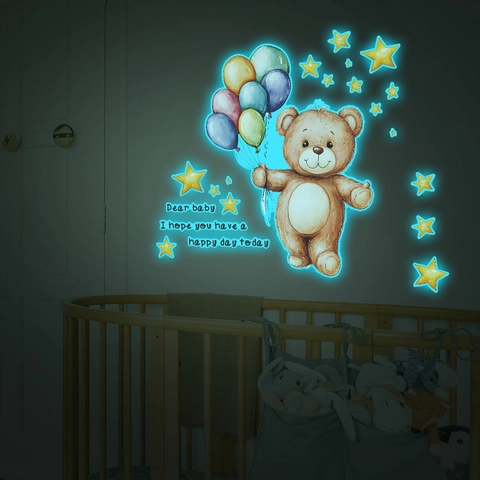 Adesivo da Parete Orso Luminoso Cartone Animato Stelle Palloncini PVC Removibile Per Camera Dei Bambini Decorazione Casa