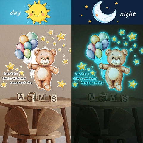 Adesivo da Parete Orso Luminoso Cartone Animato Stelle Palloncini PVC Removibile Per Camera Dei Bambini Decorazione Casa