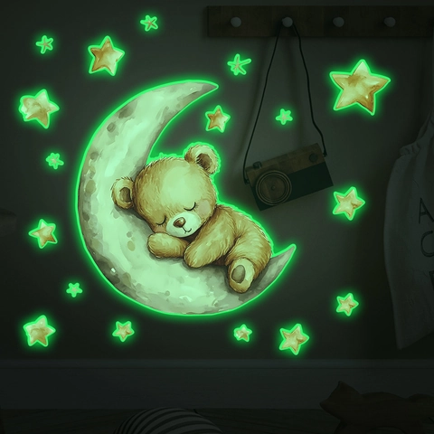 Adesivi Murali Fluorescenti al Buio Cartone Animato Orso che Dorme su Luna Stelle PVC Autoadesivo Decorazione Parete Cameretta