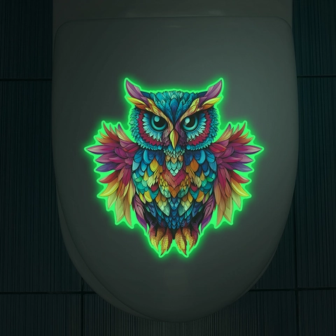 Lichtgevende Uil Toiletsticker Veelkleurig Dierenpatroon Waterdicht PVC Badkamer Huis Muursticker Kunst Decoratie