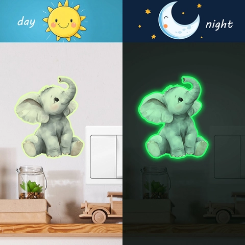 Karikatur Elefant Leuchtendes Wandtattoo Im Dunkeln Leuchten PVC Fluoreszierender Schalter Aufkleber Süßes Tier Dekor Für Kinderzimmer