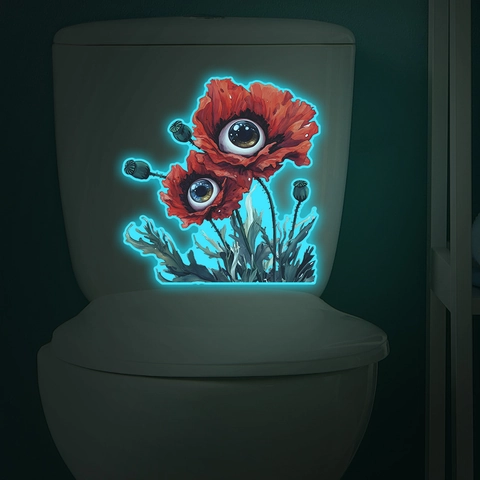 Surrealist Glow In The Dark Toilet Sticker Evil Eye Poppy Flower Waterproof Luminous Bathroom Decal Creative Home Decoration Art