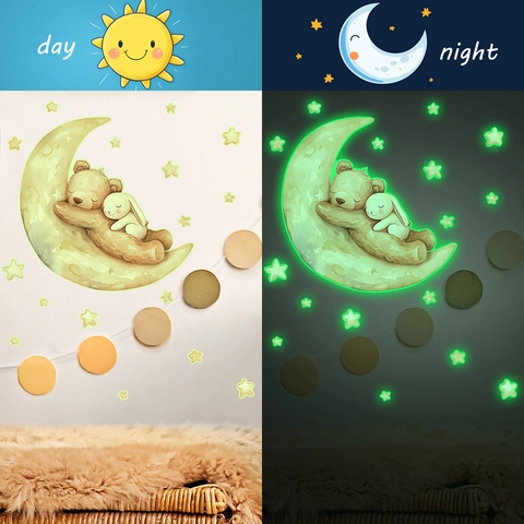 Adesivo Murale Luminoso con Orso e Coniglio che Dormono sulla Luna Fluorescente in PVC per Camera dei Bambini e Neonati