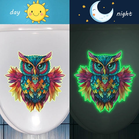 Lichtgevende Uil Toiletsticker Veelkleurig Dierenpatroon Waterdicht PVC Badkamer Huis Muursticker Kunst Decoratie