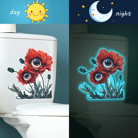 Surrealist Glow In The Dark Toilet Sticker Evil Eye Poppy Flower Waterproof Luminous Bathroom Decal Creative Home Decoration Art