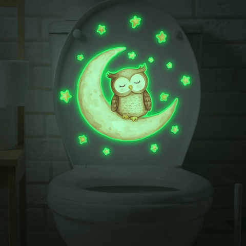 Luminous Cartoon Owl Moon Star Toilet Seat Sticker Glow In The Dark PVC Waterproof Bathroom Decor Removable Decal
